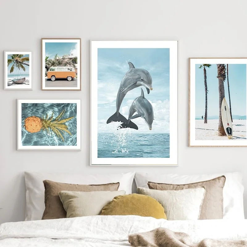 Palm Trees Beach Surfboard Car Dolphin Pineapple Wall Art Canvas Painting Posters And Prints Wall Pictures For Living Room Decor