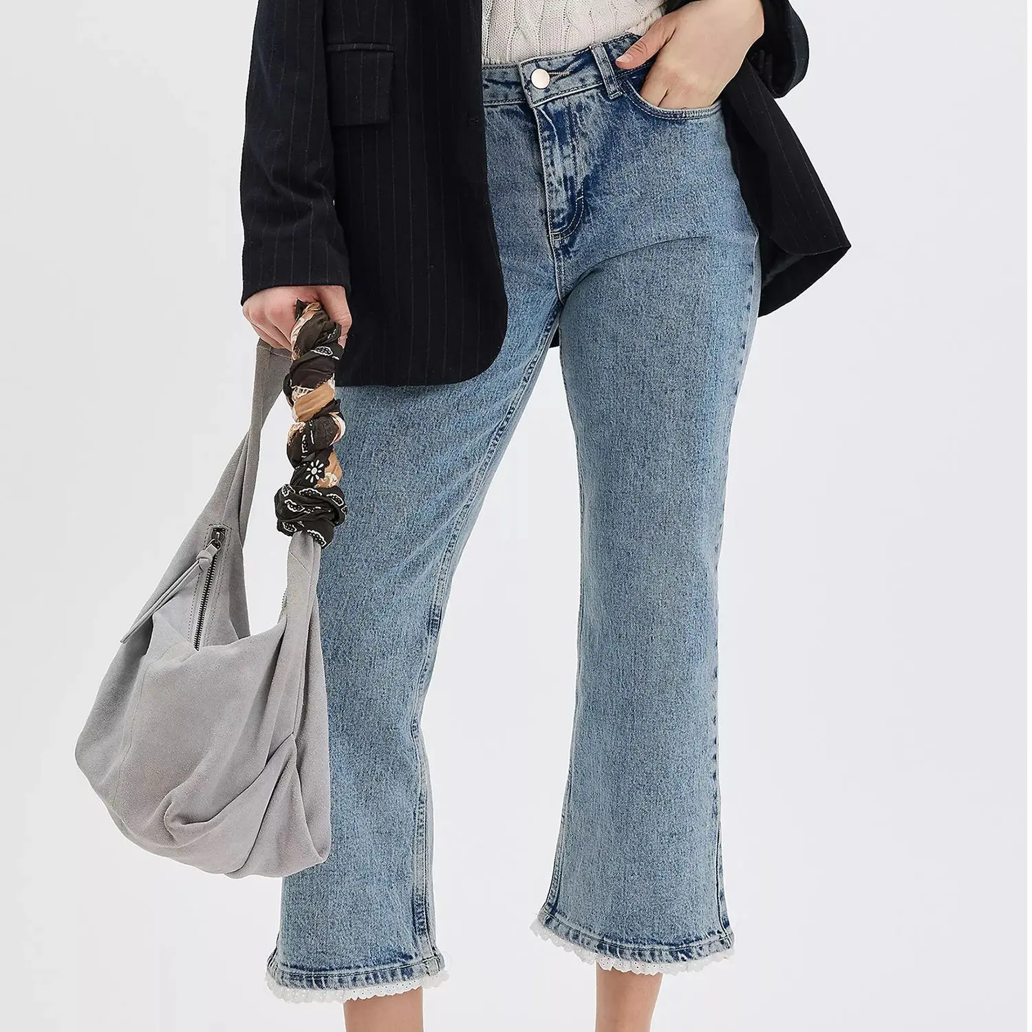 Women's Slim Tall Denim Trousers Versatile Comfortable Fashionable Lace Flared Design for Ladies Ankle Length Jeans