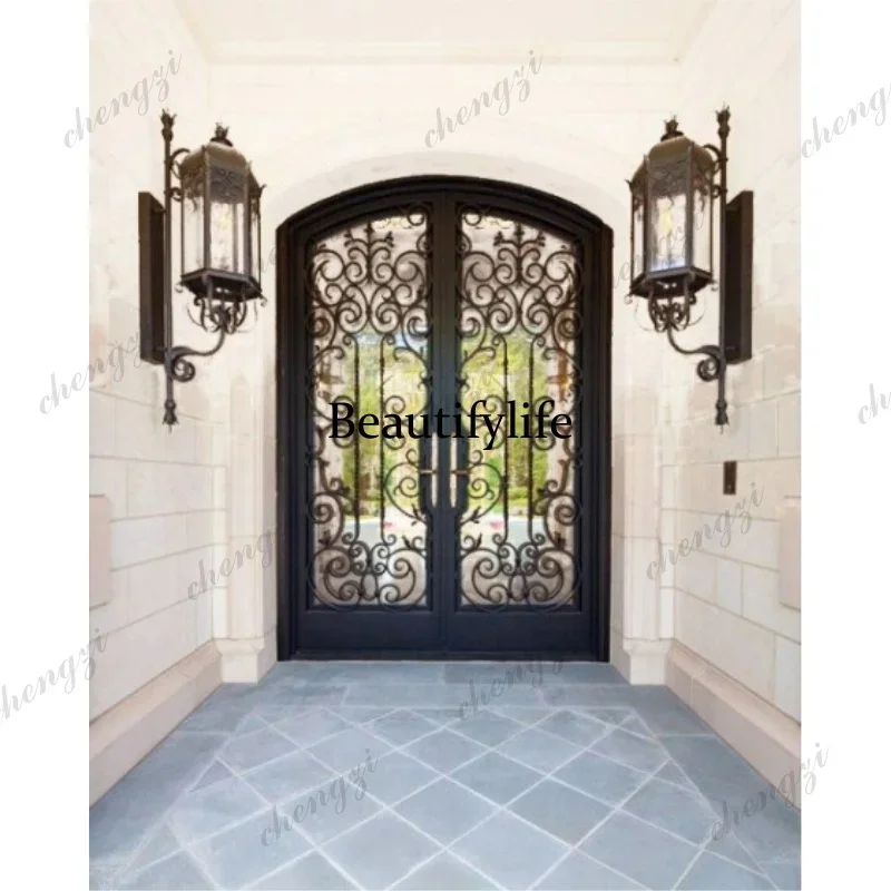 K153   Customization Cheap Price High Quality Wrought Iron Modern Double Exterior Entrance Doors Front Door