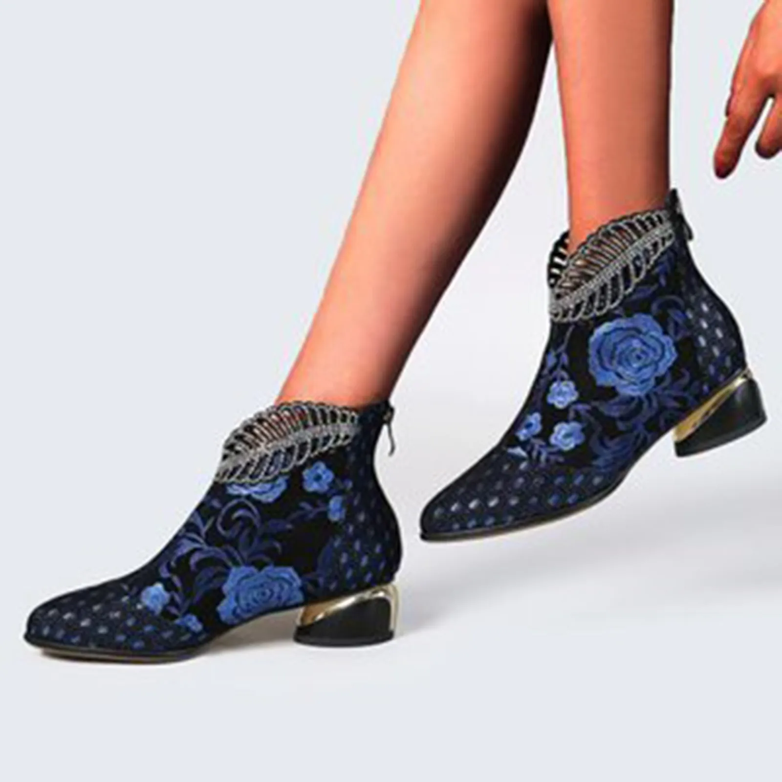 New Ankle Boots Women\'s Shoes Leather Boots Embroidery Ethnic Bohemia Zipper Spring Autumn Luxury Ladies Botas De Mujer 2023