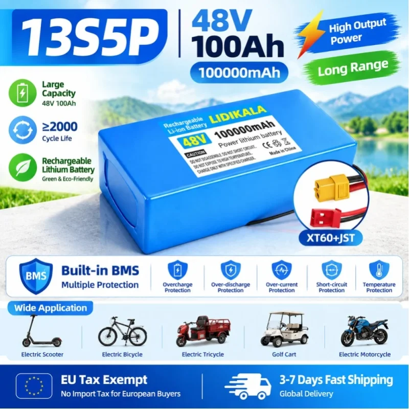 48V 100000mAh 13S5P 18650 Lithium-Akku, 48V 1500W E-Bike-Akku mit integriertem 50A BMS + Luftfracht