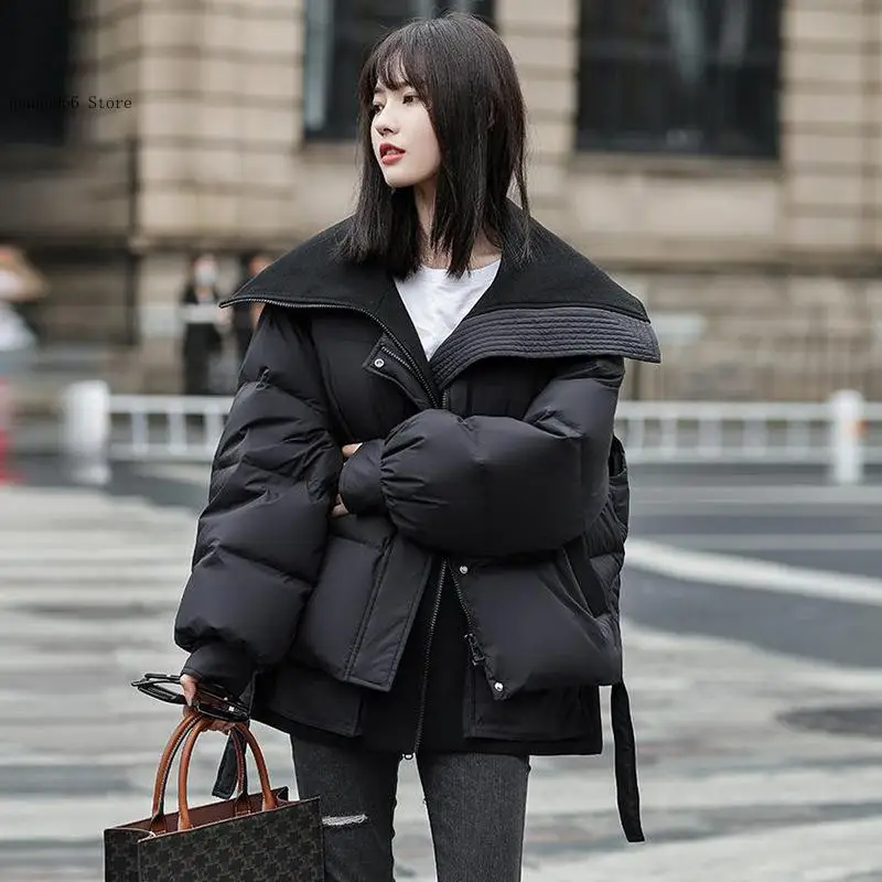 Spring and Autumn Winter Solid Color Korean Big Collar Long Sleeve Short White Duck Down Jacket Coat for Women
