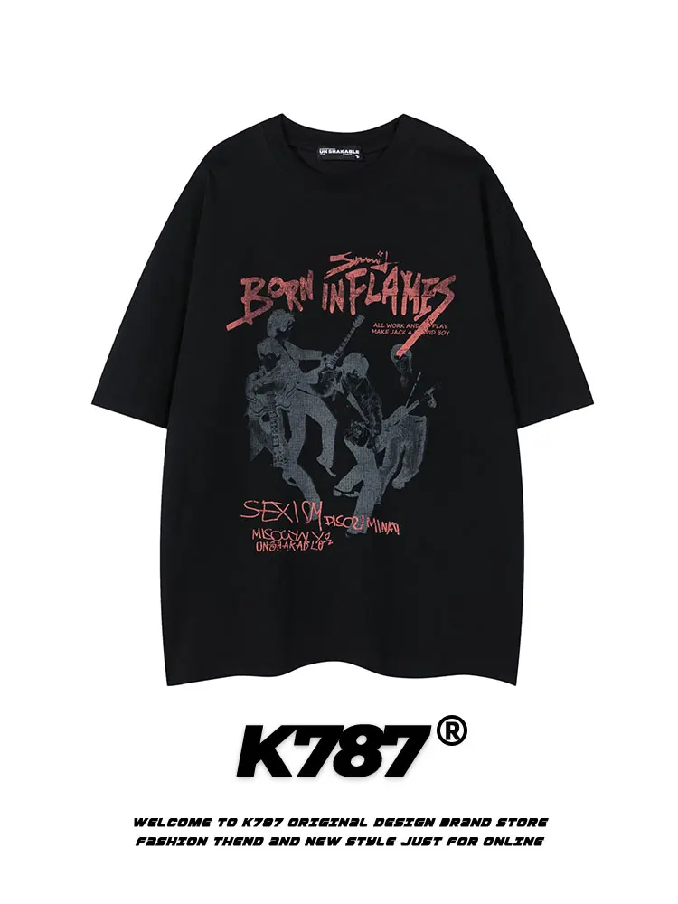 

K787 American Retro Hip Hop Abstract Print Short Sleeve Cotton T-Shirt Unisex Oversize High Street Couple's Casual Top