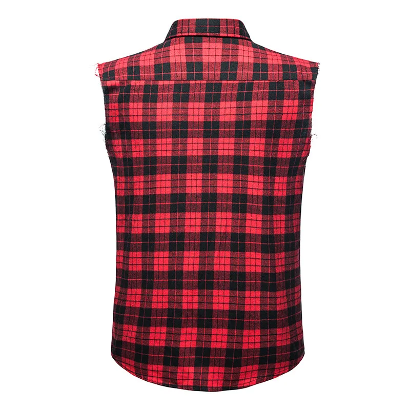 Men\'s Casual Flannel Plaid Sleeveless Shirt New Double Pocket Cowboy Button Down Shirts Men Cotton Plus Size Vest Checkered Top