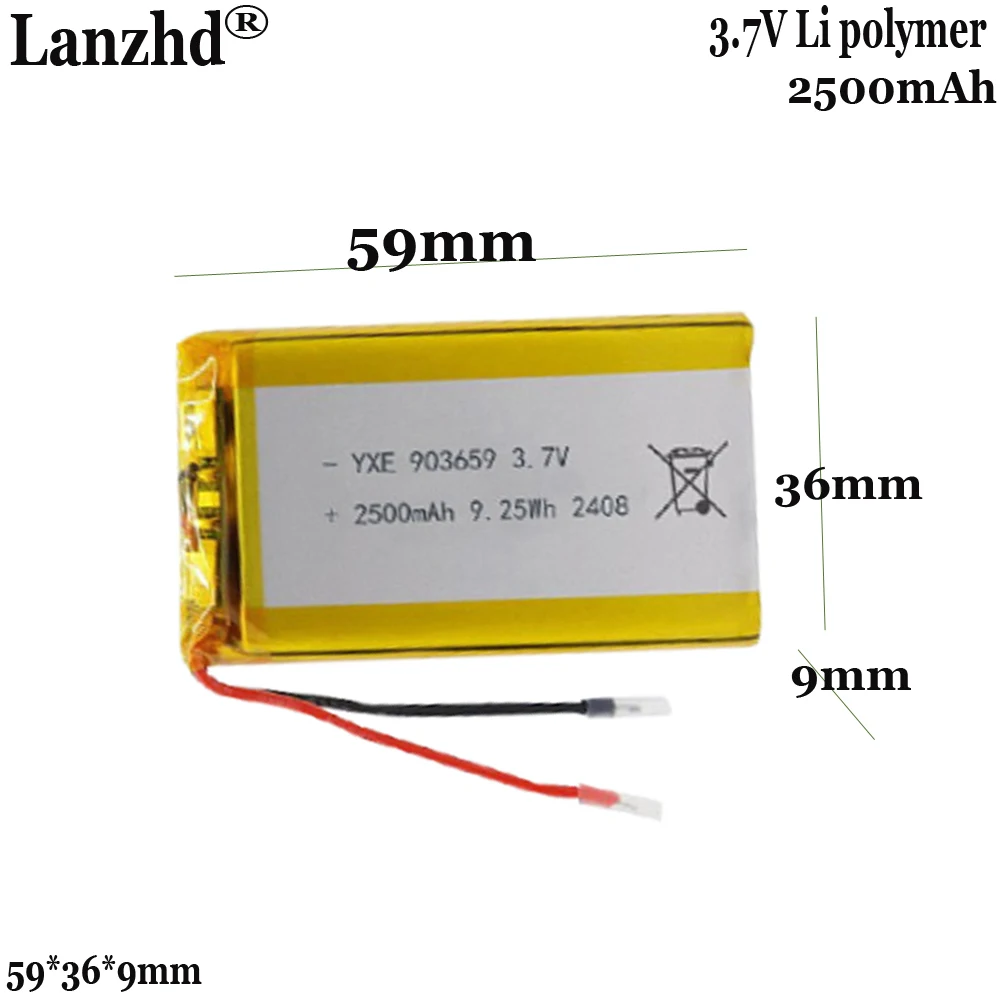 

3,7 В полимерная литиевая батарея 2500 мАч для лампы-позиционера, игрушечного аудио, мягкая упаковка, аккумуляторная батарея 903659 59*36*9 мм