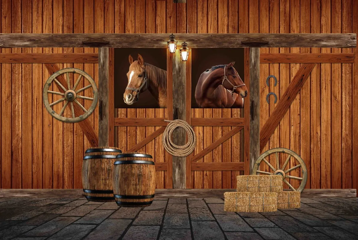 

Horses Farm Stable Cowboy Horse Haystack cask photo backdrop party photo studio background