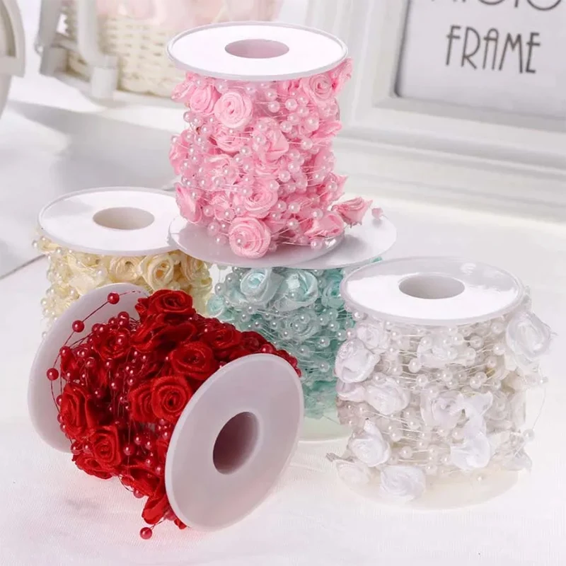 Guirlande de perles artificielles en forme de rose, 5 yards, perles de fil, chaîne de perles artificielles pour bricolage, emballage cadeau, décoration de fête de mariage