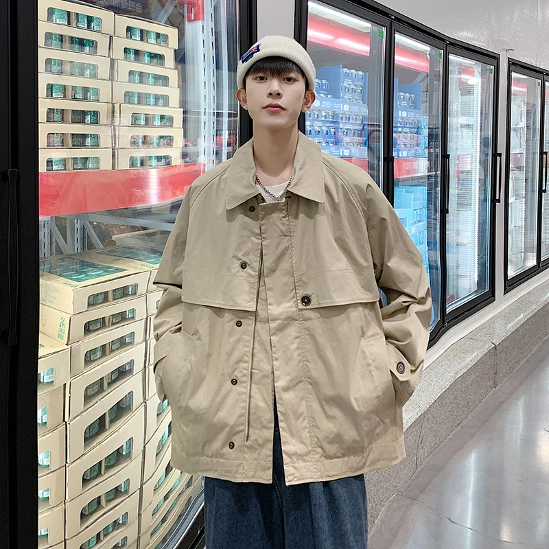 

Двухслойная свободная мужская куртка осеннего цвета хаки с множеством карманов, рабочая одежда, молодежный тренд, уличный стиль, Harajuku Influence