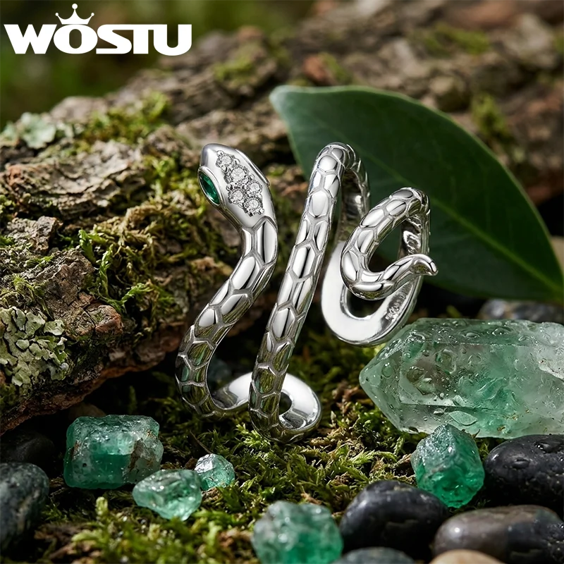 WOSTU Platinum Plated Multi Layer Snake Ring for Women, Green Emerald Eyes djustable Open Rings Luxury Gothic Punk Jewelry