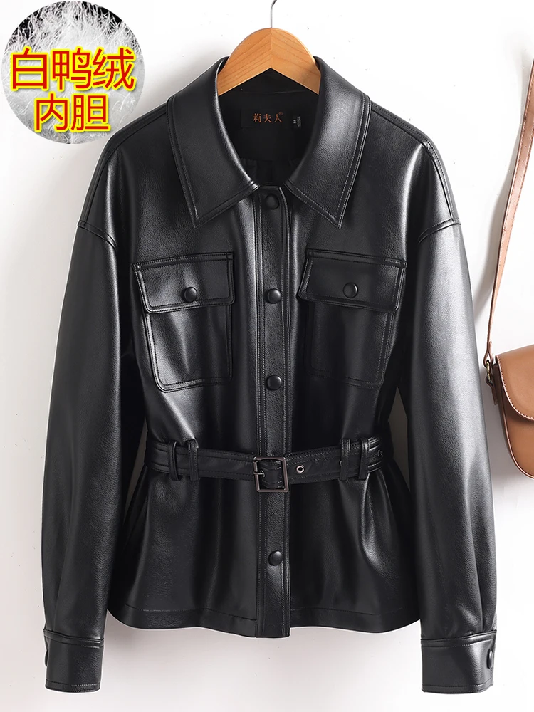 

Solid color leather down jacket women's winter new short style lace up waist cinching lapel collar thick leather jacket