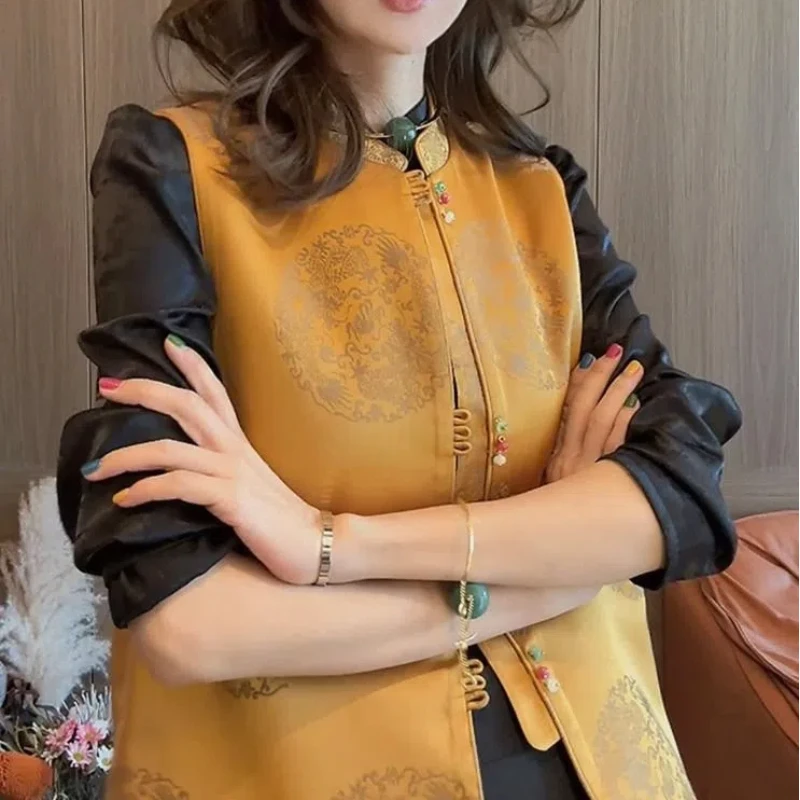 

Spring New Chinese Style Women Clothing Small Playful and Lively Printed Vest Black Shirt Two-piece Trendy Vests