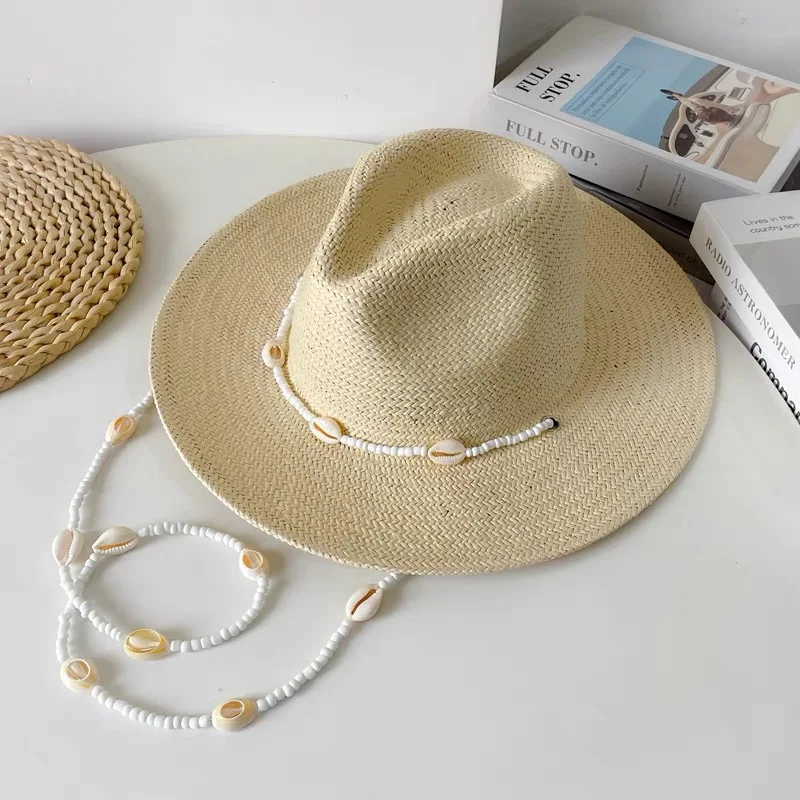 Summer Panama Hats For Women Sun Hat With Long Shell Conch Chain Straw White Black Jazz Caps Men Vintage Fedora Designer Hats