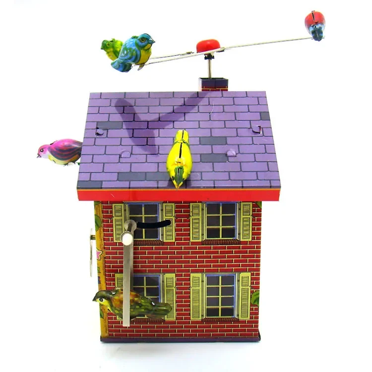 Adult Collection Retro Wind up toy Metal Tin rotating bird alarm clock bird house Clockwork toy model figures gift vintage toys