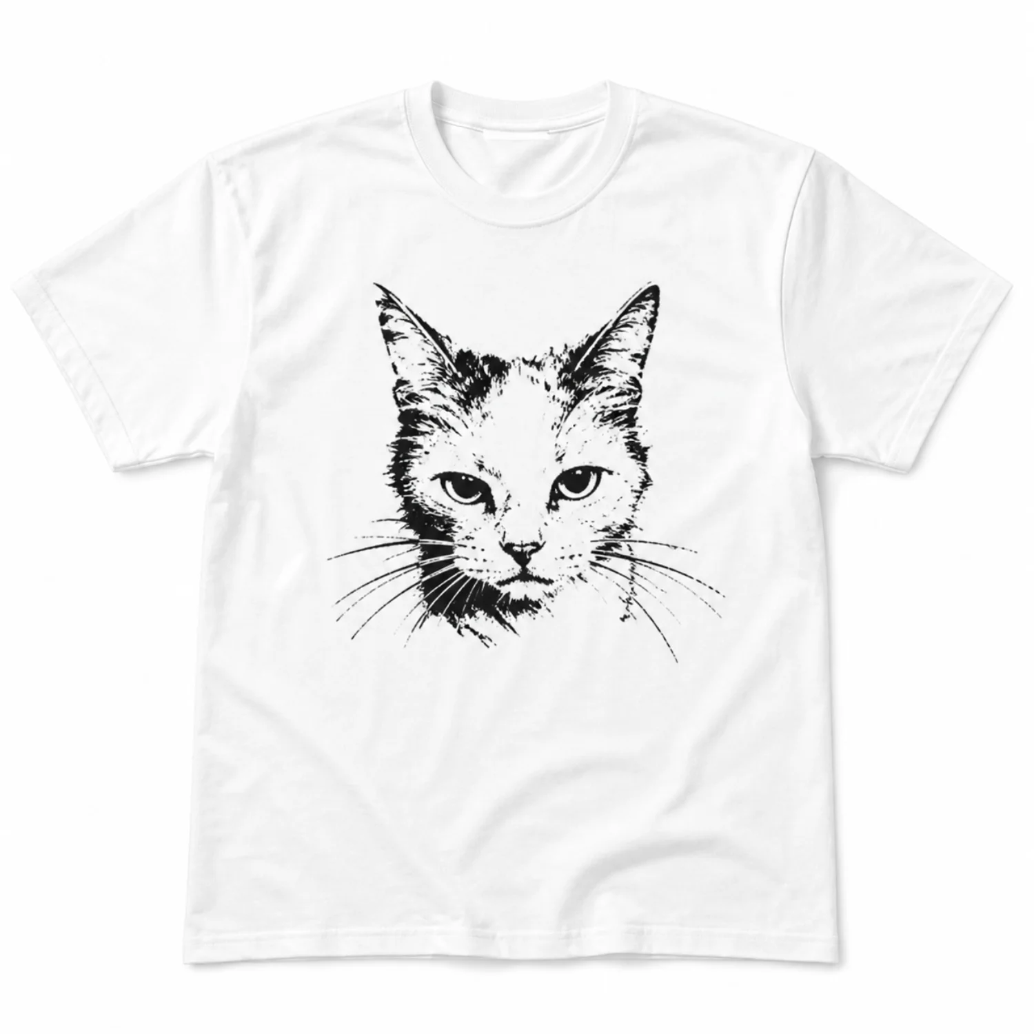 Unisex White T-Shirt with Minimalist Black Cat Face Graphic, Modern Casual Style