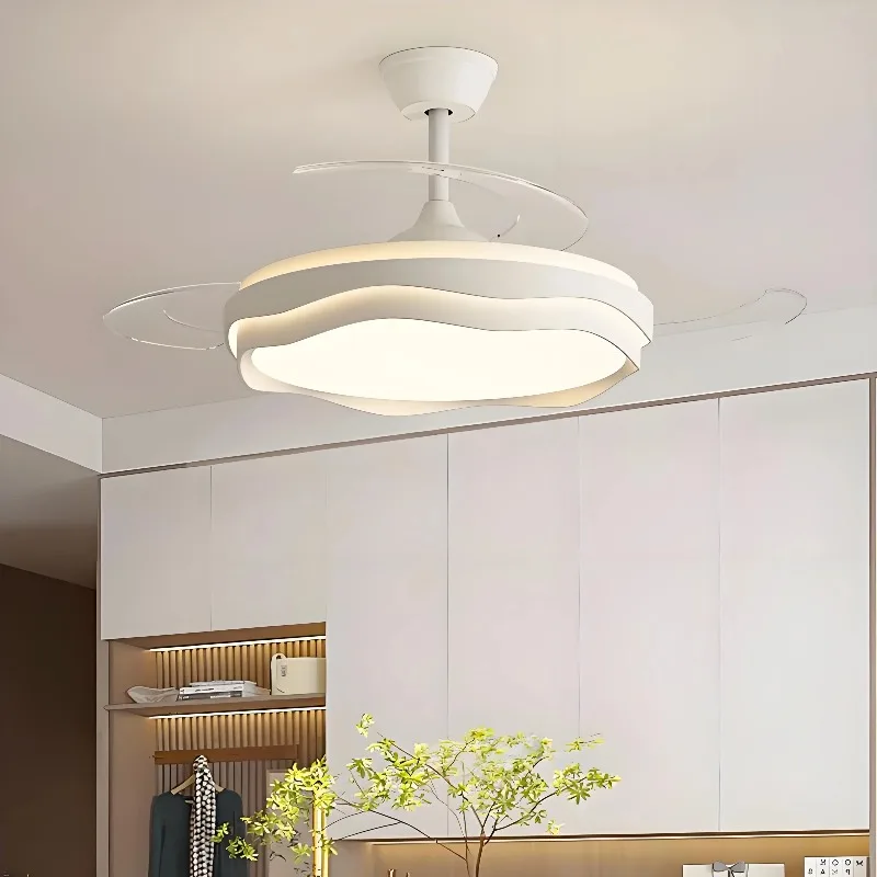 Minimalist White LED Ceiling Fan Lamp Adjustable Brightness Chandelier Iron Acrylic Construction 2-Year Warranty for Living Room