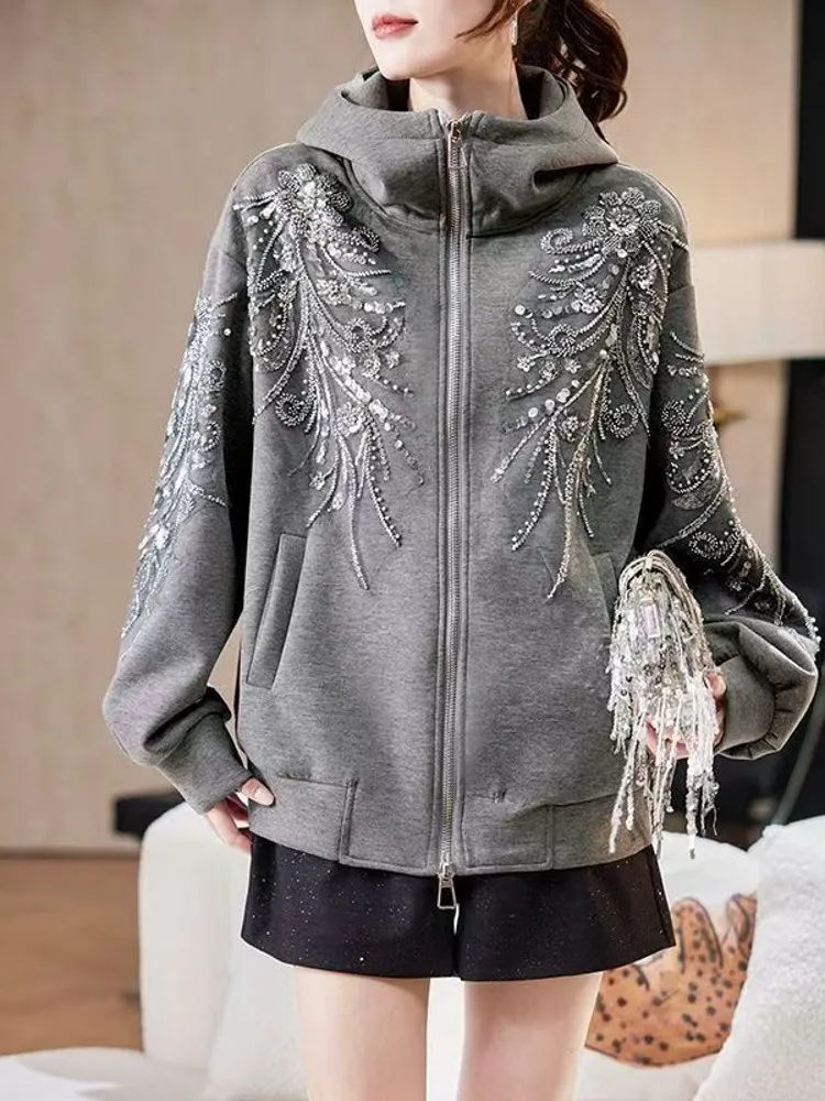 High Street Gothic Retro Large Area Pattern Embroidered Hoodie Y2K Large Casual Loose Zipper Sweatshirt Clothing