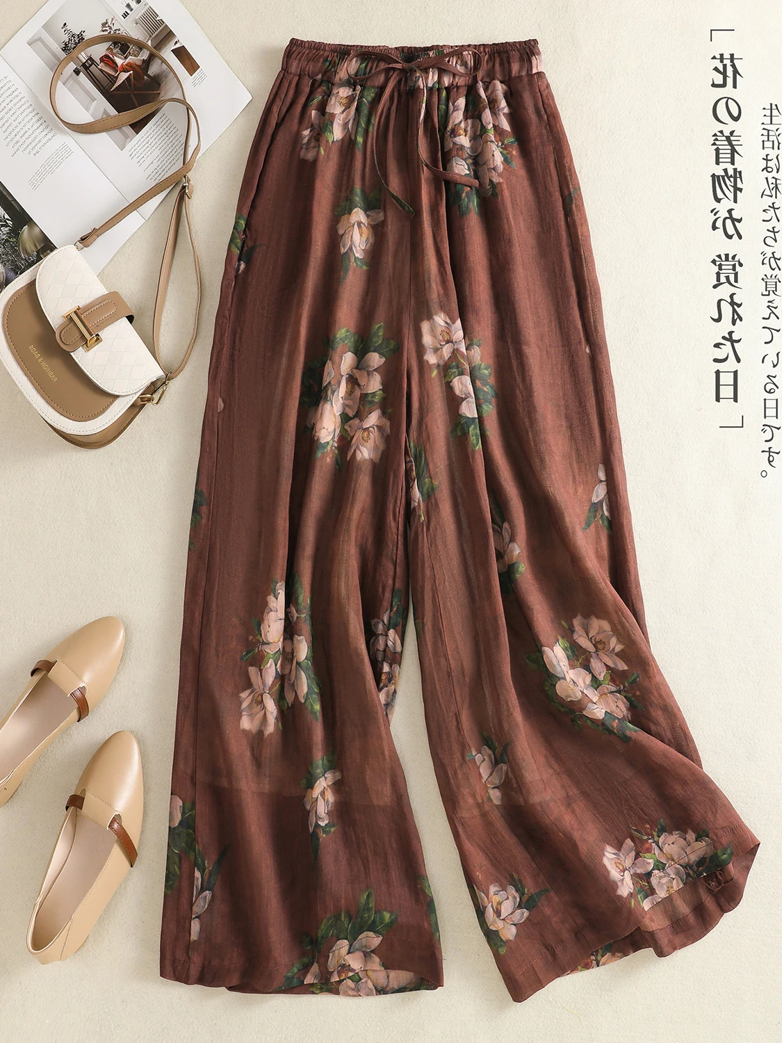 

Тонкие двухслойные широкие брюки с цветочным принтом в стиле ретро, повседневные летние брюки со свободной талией и девятью точками для женщин больших размеров