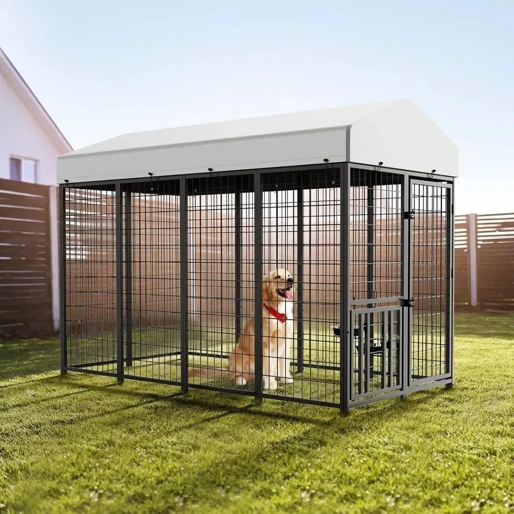 ROOMTEC Large Dog Kennel Outdoor Pet Pens Dogs Run Enclosure Animal Hutch Metal Coop Fence with Roof Cover (8'L x 4'W x 5.6'H)