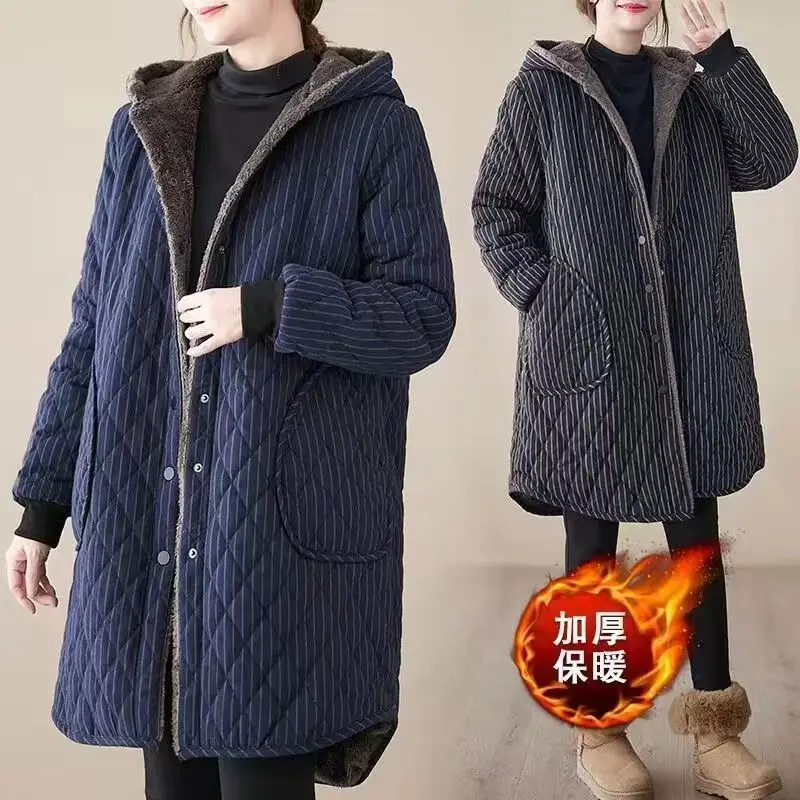 

2025 Autumn Winter New Striped Cotton Jacket Women Warm Plush Thicken Hooded Coat Fashion Loose Female Casual Long Overcoat