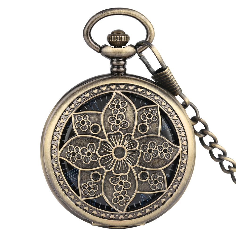 

Vintage Elegant Flower Mechanical Hand Winding Pocket Watch Gift Men Blue Roman Numerals Dial Pendant Pocket Clock with Chain