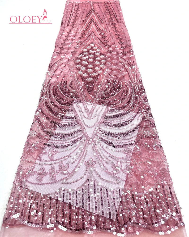 

OLOEY Latest High Quality African Nigerian With Sequins Tulle Sewing Lace Fabric Beaded Embroidery Dresses Women Sequins