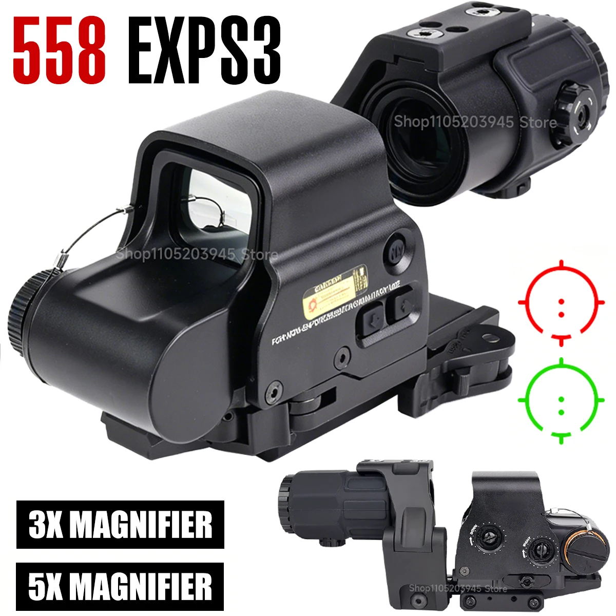 EXPS3 558 Holographic Red Green Dot Sight Combination Height Increase FAST FTC G33 G45 Magnifier Flip Mount Optic Rifle ScopeX