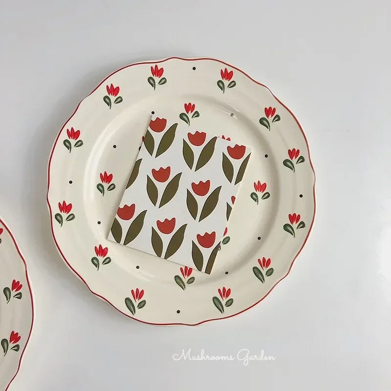 French Ins Retro Lace Ceramic Plate with Red Edge Tulip Meal Plate Breakfast Dessert Western Meal Plate Heat Resistant