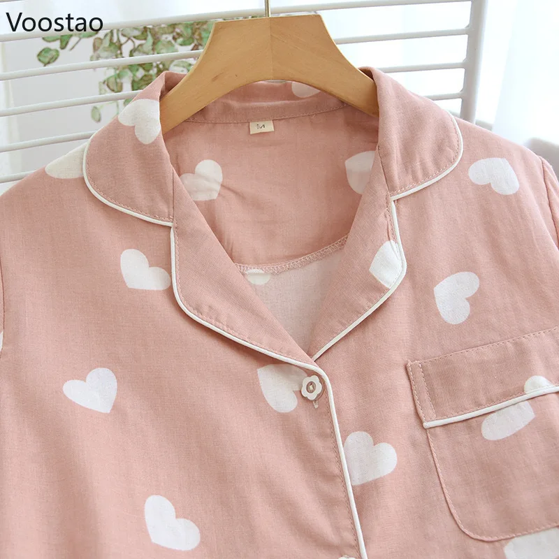 Summer Women Cute Pajamas 2 Piece Set 100% Cotton Short Sleeve Heart Print Pajamas Homewear Ladies Pajamas Suit Women Sleepwear