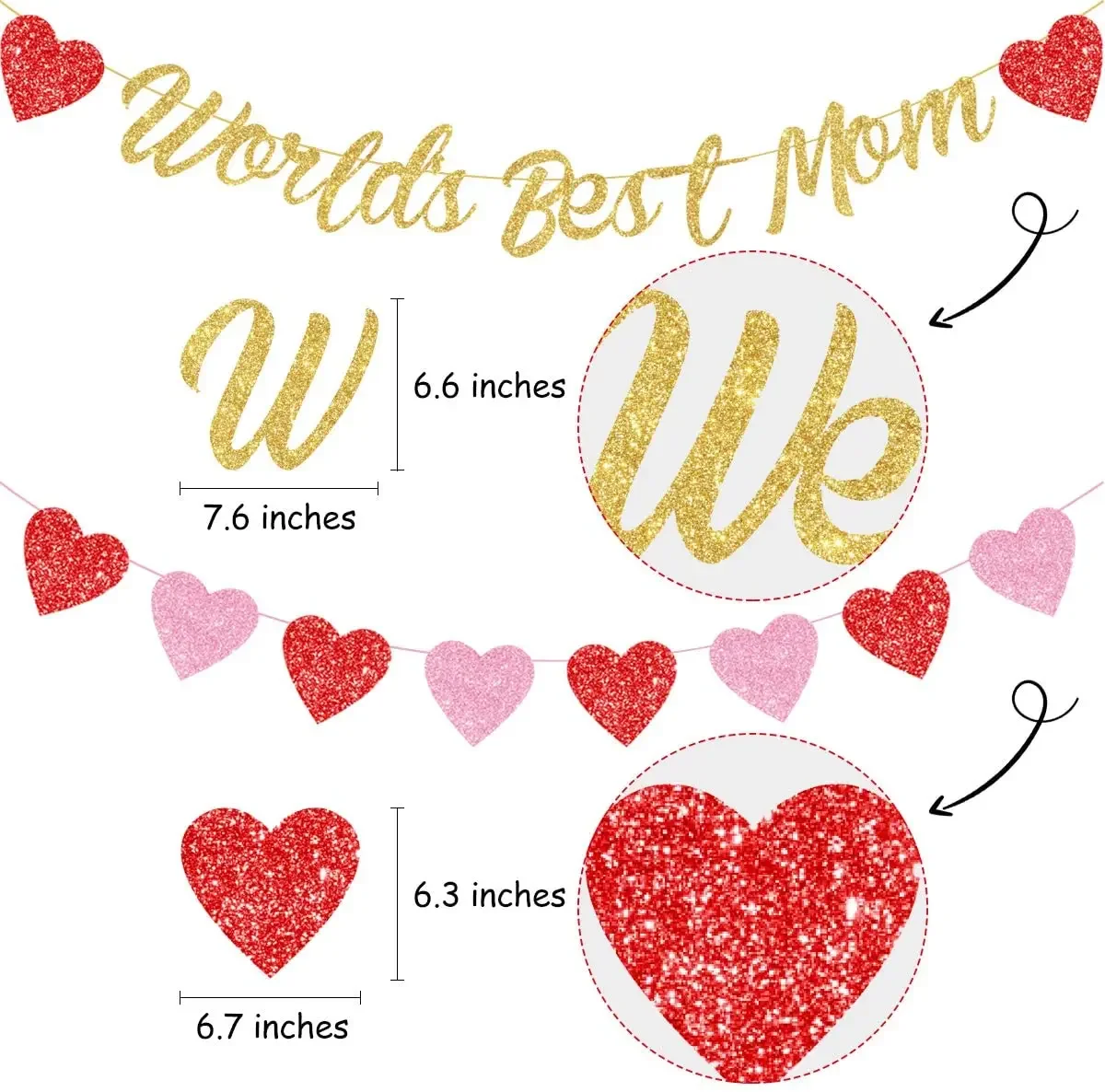 World's Best Mom Banner, Mother's Birthday Decorations, Glittery Heart Garland for Mom Appreciation, Backdrops for Photography