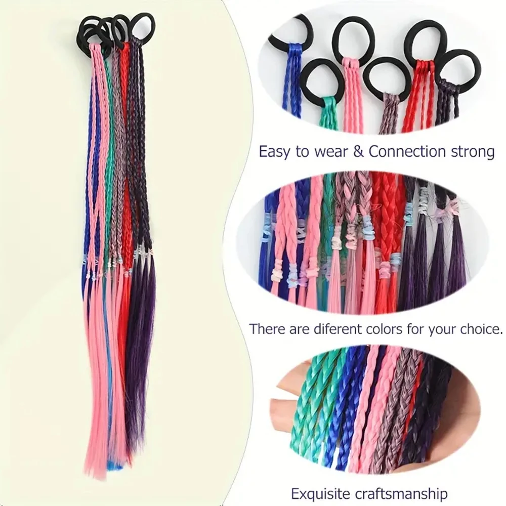 Extensões coloridas de cabelo trançado rabo de cavalo para meninas, peruca sintética com elástico, postiços arco-íris Y2K para crianças, 4 unid, 45cm