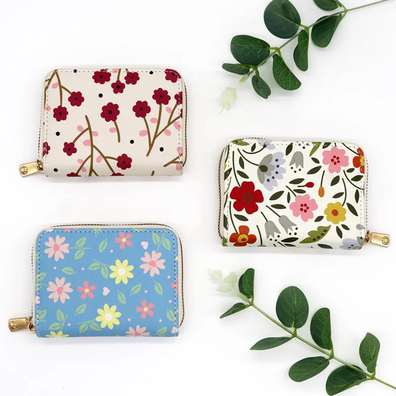 Fashion Flower PU Coin Purse for Women Cute Organ Card Case Lady Credit Card Holder Multifunctional Zipper Small Short Wallet