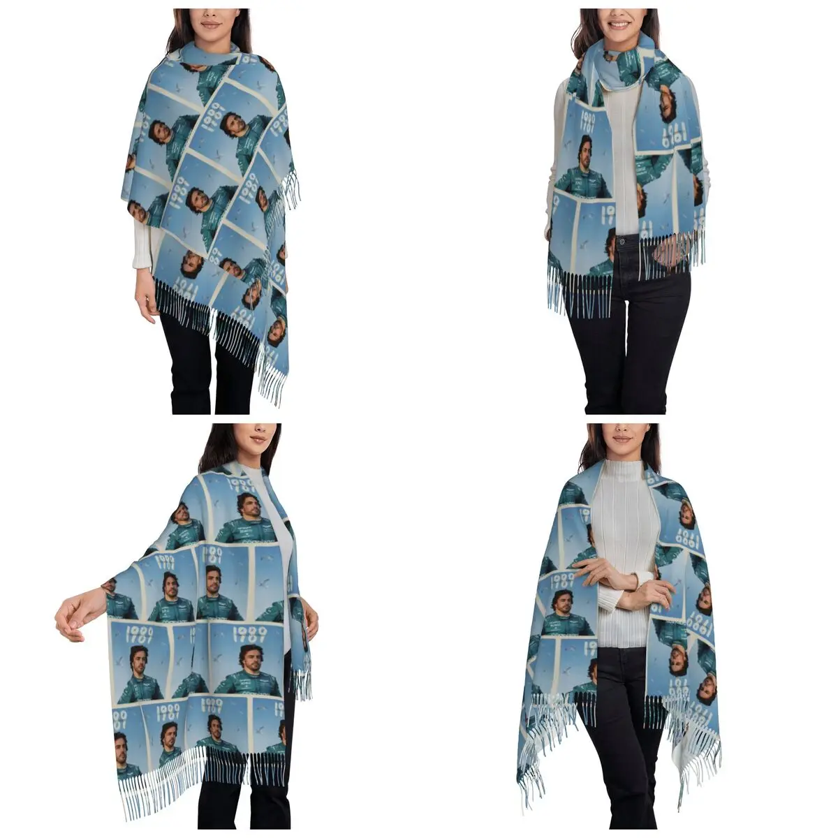 وشاح فرديناند فرناندو ألونسو لعام 1989 أوشحة شرابة للنساء شالات دافئة ناعمة ويلتف شال كبير لخريف وشتاء