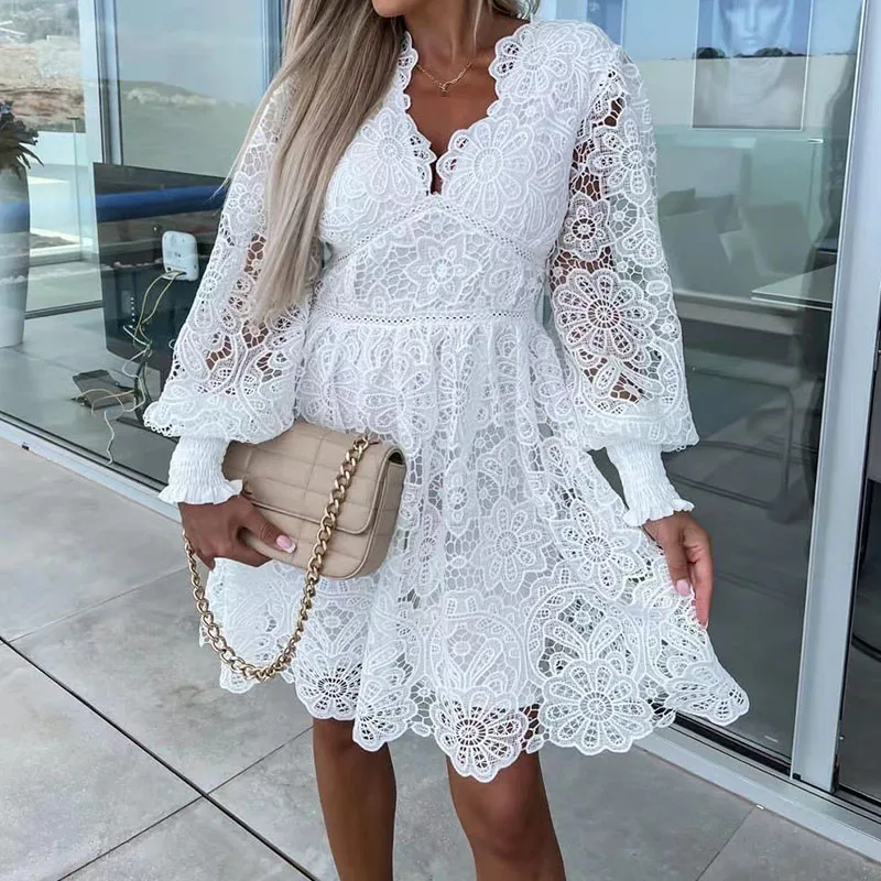 

Women Office Hollow Waisted A-line Dress Elegant Lady Lantern Long Sleeve Jacquard Dresses Sexy Deep V-neck Lace Party Dress