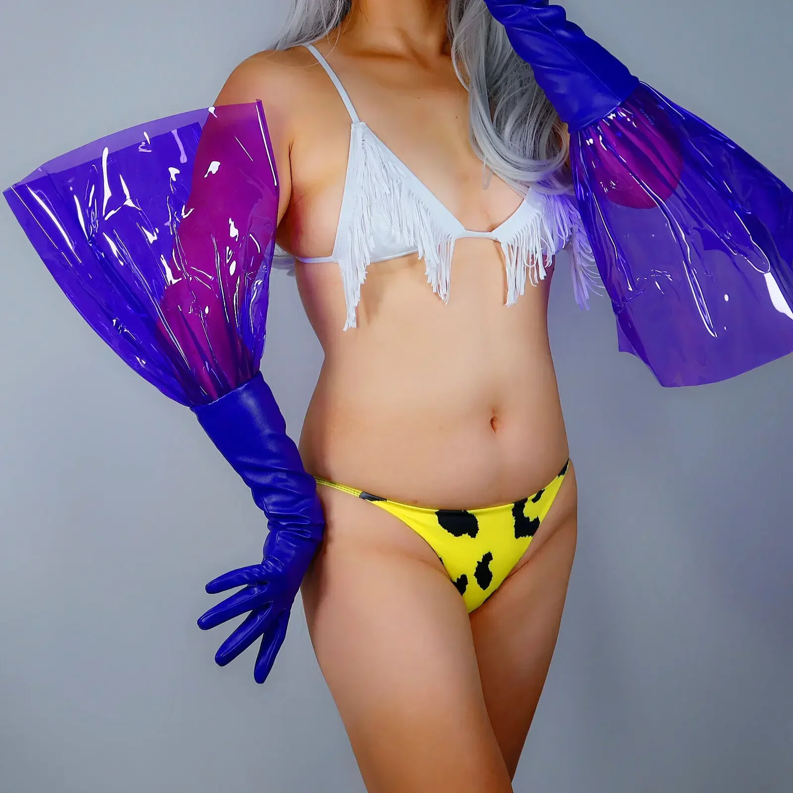 Purple Leather PVC Gloves CLEAR Puffy Sleeves Plastic Faux PU 2-tone 70cm Long Fashion Evening Dressing Opera Glove Cosplay