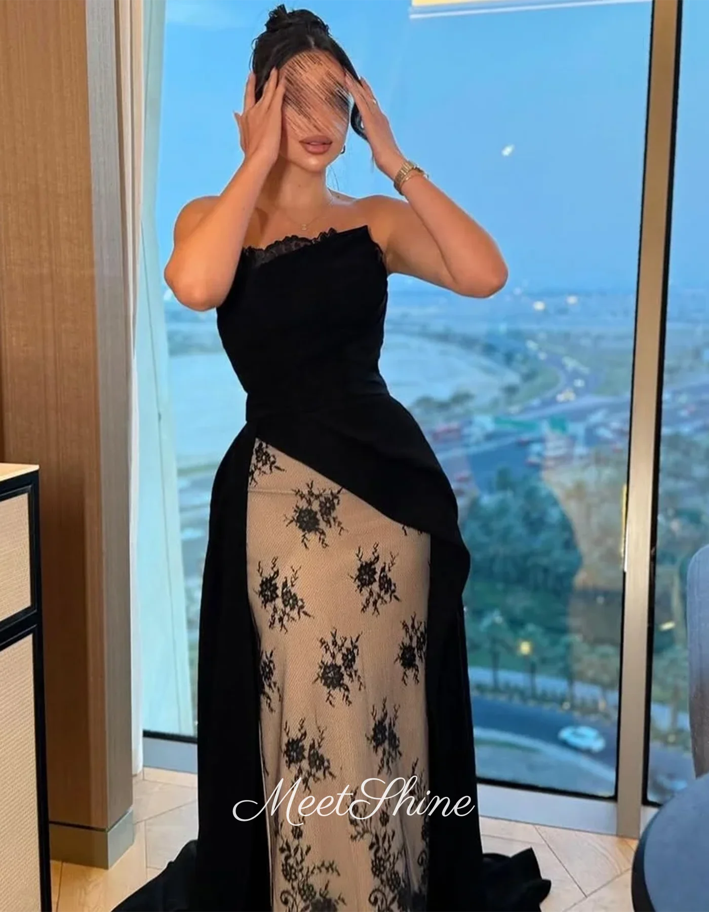 Vestidos de Noche rectos de encaje sin tirantes, color negro, elegante, de lujo, tren de barrido de Arabia Saudita, vestido Formal de fiesta de boda personalizado