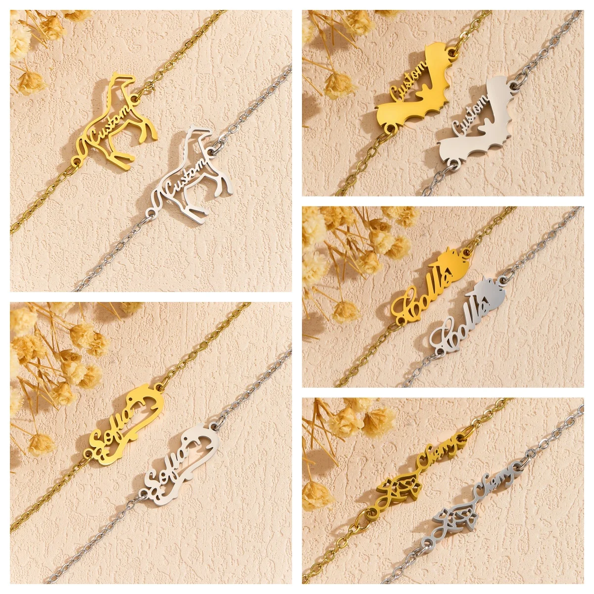 

Браслет из нержавеющей стали с изображением животных на заказ для маленьких женщин, персонализированный детский браслет золотого цвета, семейный подарок, ювелирные изделия