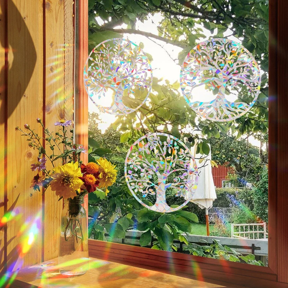 Fenster-Regenbogen-reflektierende Baum-Aufkleber für Heimdekoration, Regenbogen-Sonnenfänger, Fensteraufkleber, PVC, reflektierende Lebensbäume