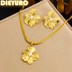 DIEYURO 316L Stainless Steel Golden Exaggerated Large Flowers Inlaid Pearl Necklace Earrings Set For Women Fashion Jewelry Gift