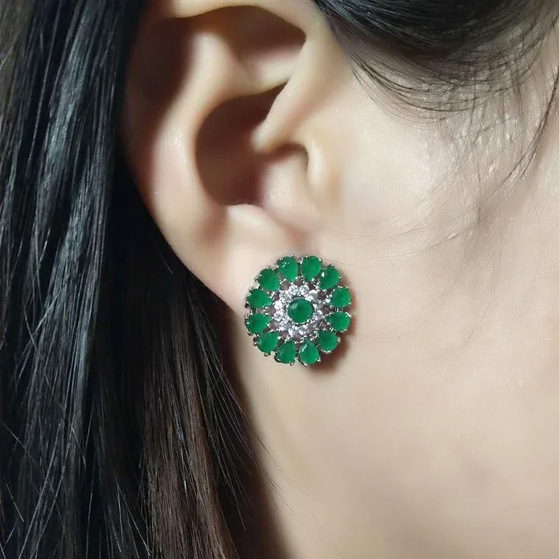 LXOEN Ethnic Green Crystal Stud Earrings For Women Silver Color Flower Studs Ear AAA Zircon Earrings Jewelry Gift Pendientes