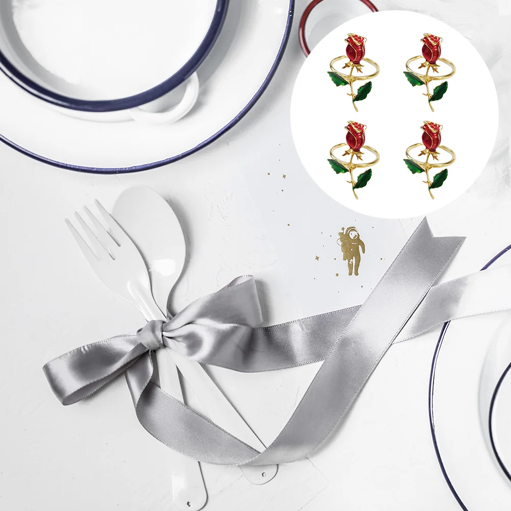 

4Pcs Metal Napkin Rings Rose Design Reusable Table Napkin Buckles for Party Dining Banquets Dining Table Decoration