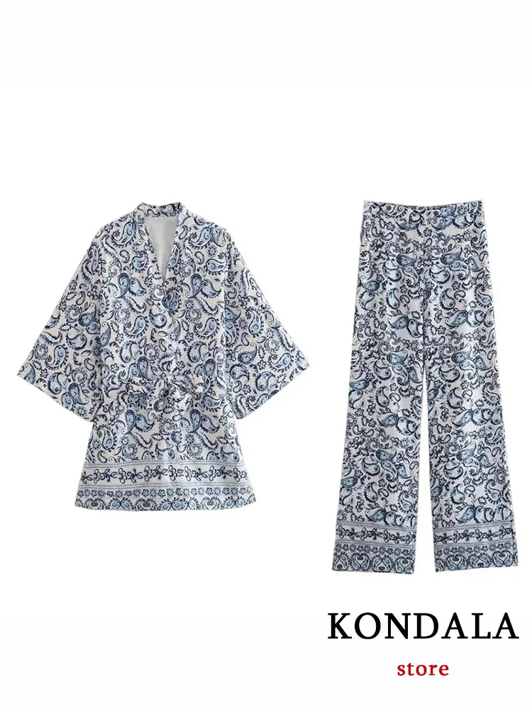 KONDALA Vintage Blue Flower Print Chic Women Suit V-Neck Bow Top+Zipper Straight Loose Pants New Fashion 2023 Summer Sets