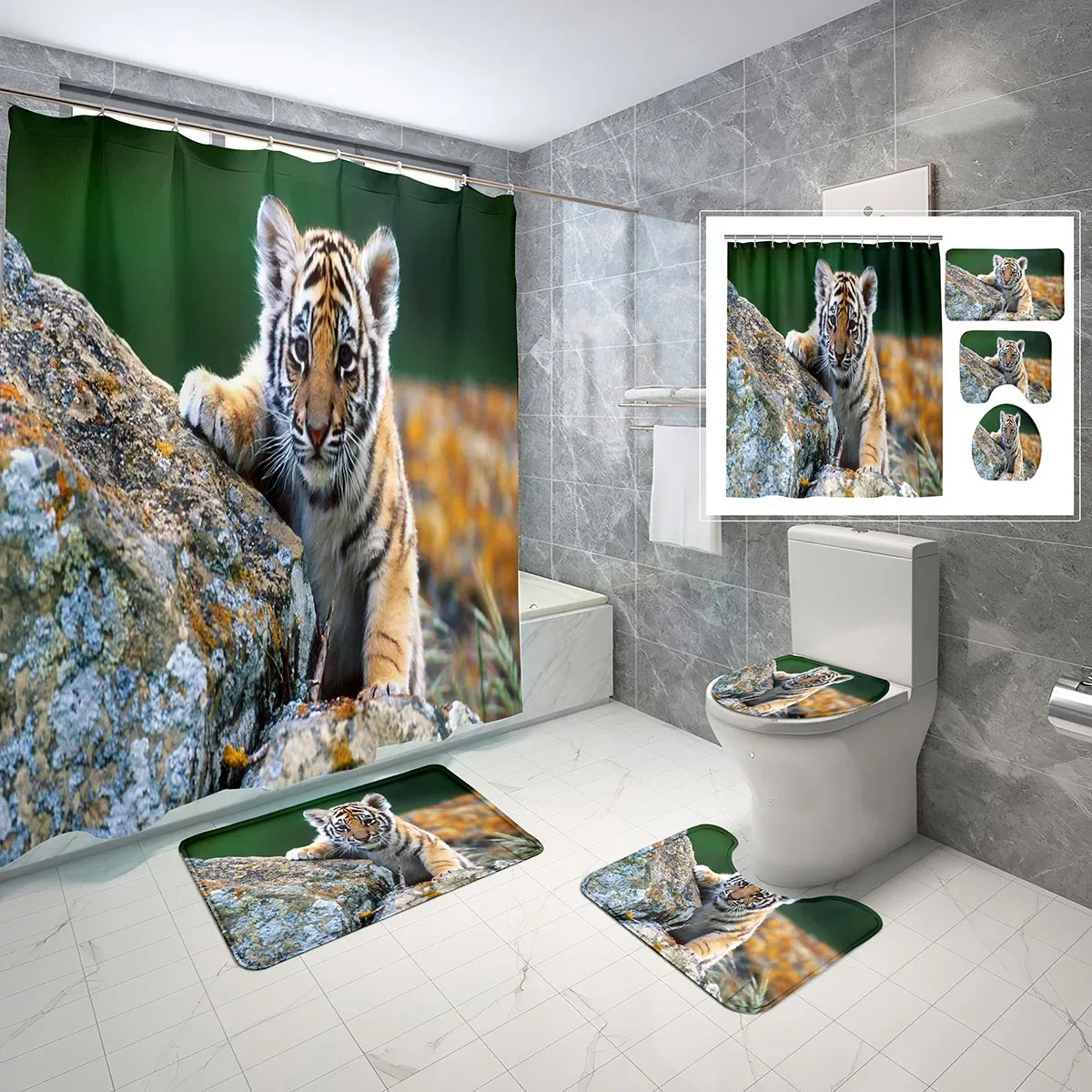

4 PCS Animal Shower Curtain Sets,Little Tiger In The Jungle Bathroom Waterproof Bath Curtain,Non-Slip Bath Mat Toilet Cover Set