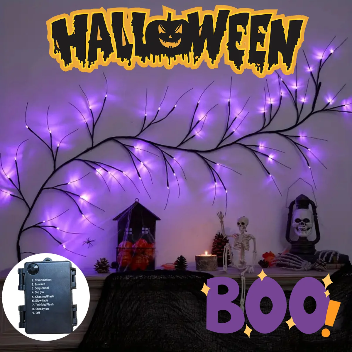 Atmosfera de Halloween Roxo Rattan Lights, DIY Ramos, Guirlanda, Exterior, Interior, Impermeável, Paredes Luzes, Alimentado por Bateria, 54 LEDs, 1Pc