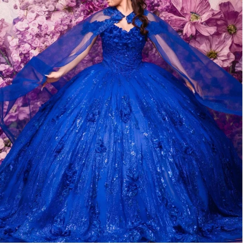 Ashely Alsa-Robe de Quinceanera bleu royal avec cape, robe de Rhflorale 3D, robes de fête d'anniversaire pour filles, 16 VX, nouveau