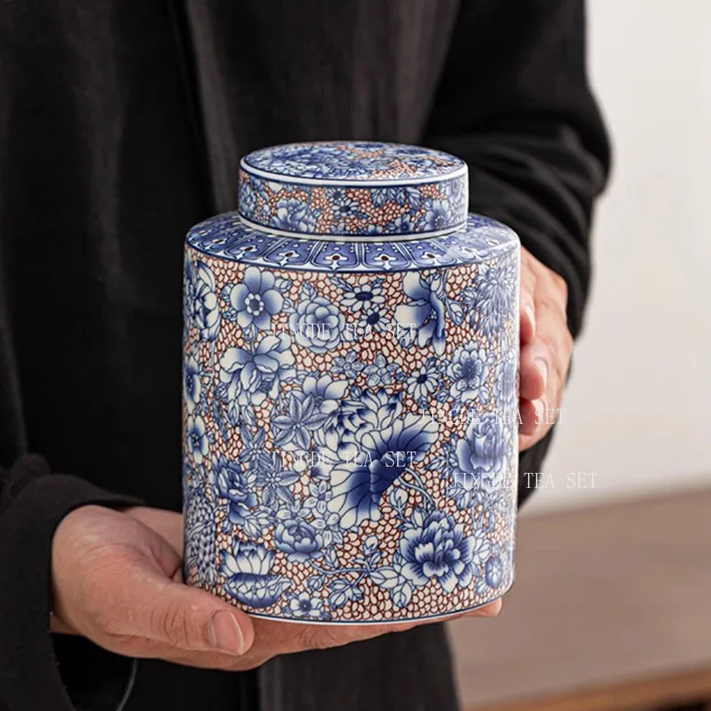 

Chinese Ceramic Tea Jar High Grade Purple Candy Jar Blue and White Porcelain Sealed Box Functional Ceramic Bottle Home Ornament