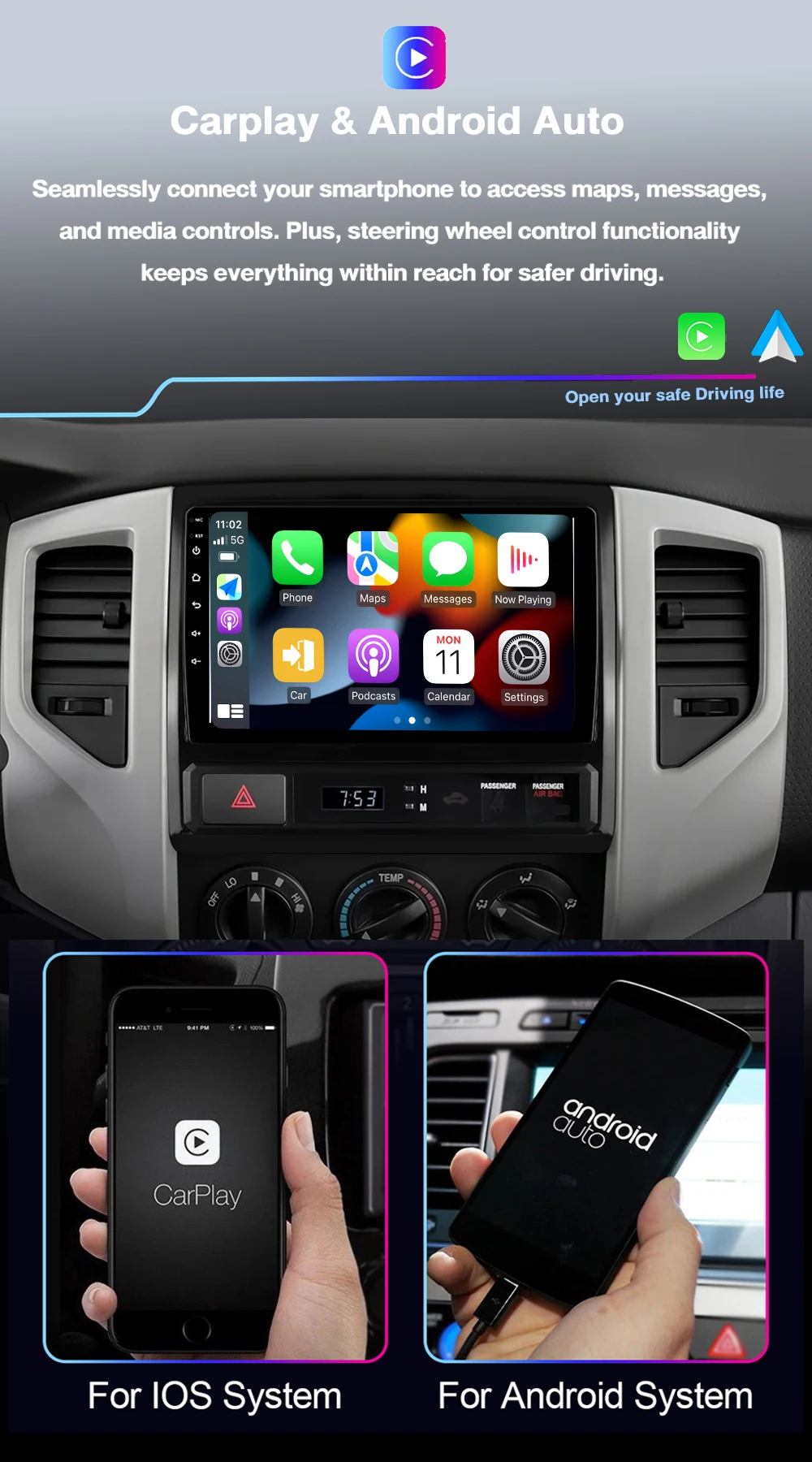 صوت السيارة لتويوتا تاكوما 2 هايلكس 2005-2013 أندرويد السيارات Carplay 2Din سيارة فيديو ستيريو الوسائط المتعددة بلوتوث اللاسلكية 4G واي فاي