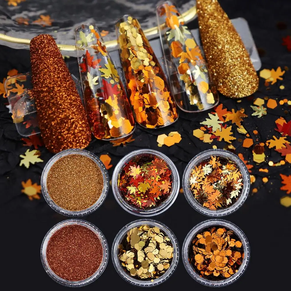 Orange Maple Leaves Nail Glitter Sequins Mixed Shiny Fallen Leaf Flakes DIY Autumn Nail Art Decoration Accessories Tool