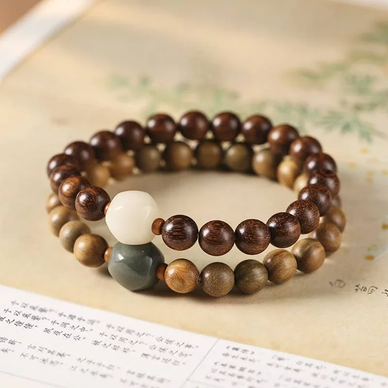 Sandalwood 8mm prayer bead single circle forest style artistic wooden bracelet with Bodhi prismatic transfer bead bracelet