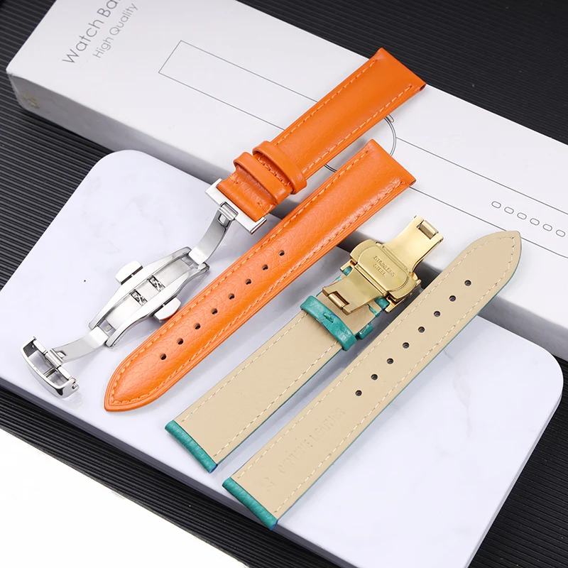 Litchi Pattern Soft Leather Strap For Cartier Omega Casio Fossile orange green18 19 20mm 22mm Watchband Accessories Bracelet