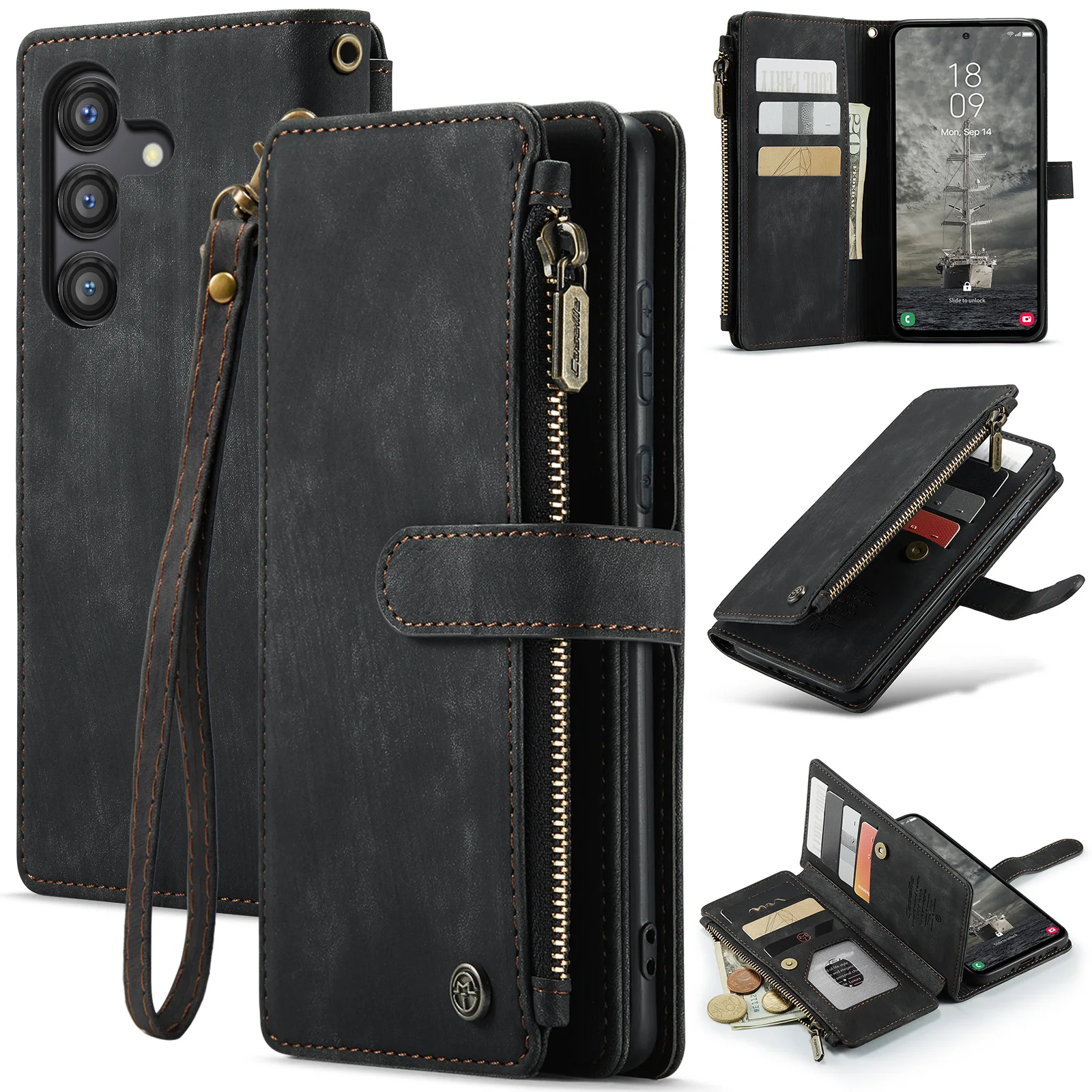 

For Samsung Galaxy A35 5G Zipper Wallet Phone Case with Lanyard Card Slots Kickstand Flip PU Leather Covers